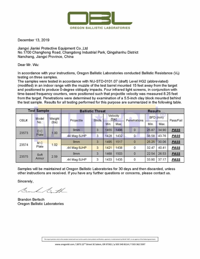 PE Ballistic Plate OBL NIJ 0101.07 HG2 Test Report 1